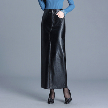 Fustă lungă din PU piele, mulată pe șolduri, cu deschidere frontală, talie înaltă, culoare solidă, iarnă 2025