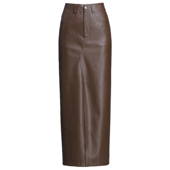 Fustă lungă din PU piele, mulată pe șolduri, cu deschidere frontală, talie înaltă, culoare solidă, iarnă 2025