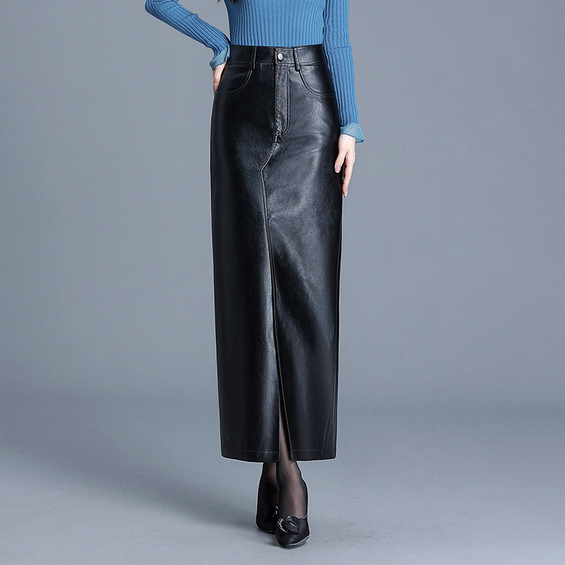Fustă lungă din PU piele, mulată pe șolduri, cu deschidere frontală, talie înaltă, culoare solidă, iarnă 2025