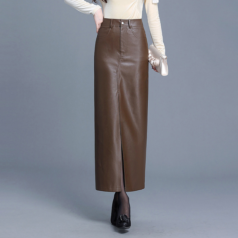 Fustă lungă din PU piele, mulată pe șolduri, cu deschidere frontală, talie înaltă, culoare solidă, iarnă 2025