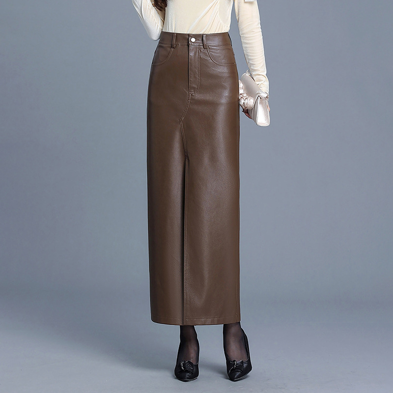 Fustă lungă din PU piele, mulată pe șolduri, cu deschidere frontală, talie înaltă, culoare solidă, iarnă 2025