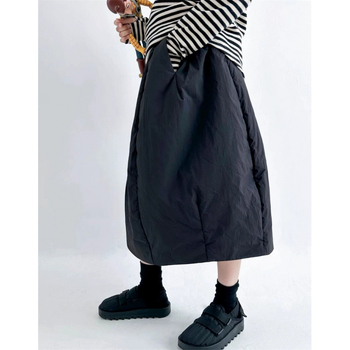 Fustă Bud cu pliuri, lungime midi, amestec din bumbac și in cu poliester, culoare solidă, iarnă 2025