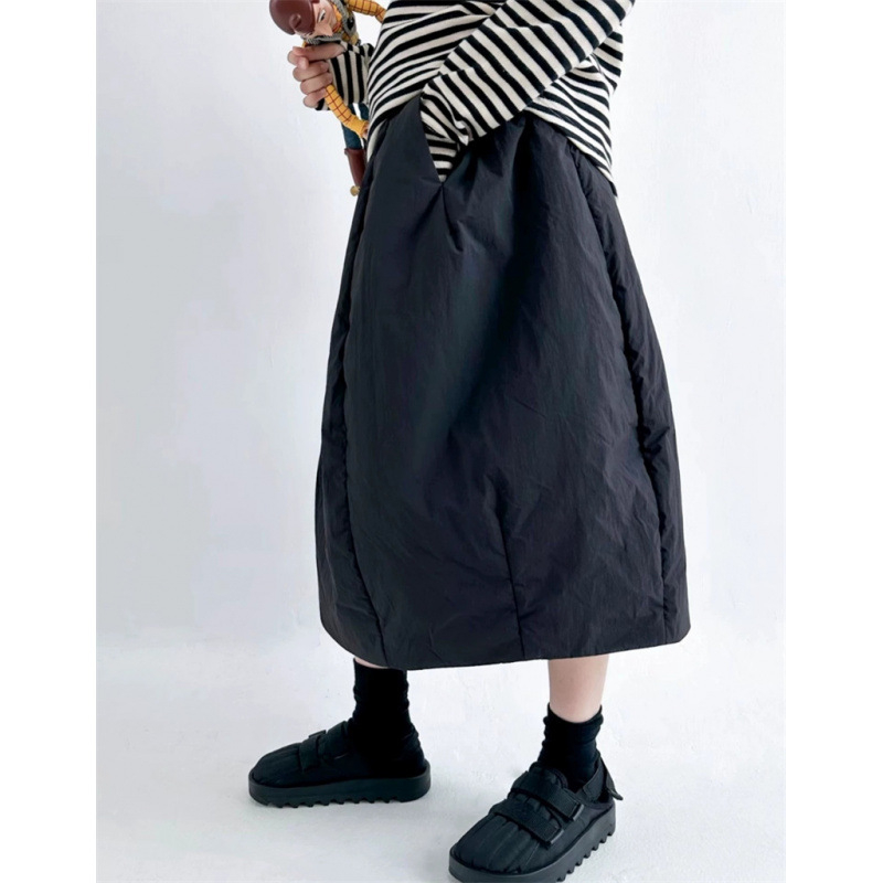 Fustă Bud cu pliuri, lungime midi, amestec din bumbac și in cu poliester, culoare solidă, iarnă 2025