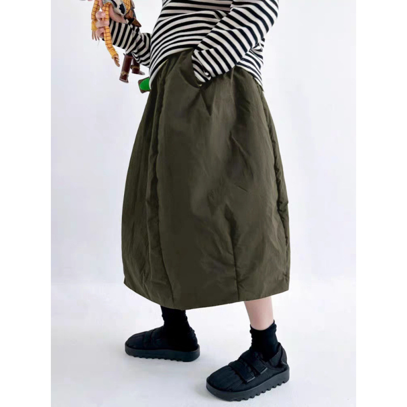 Fustă Bud cu pliuri, lungime midi, amestec din bumbac și in cu poliester, culoare solidă, iarnă 2025