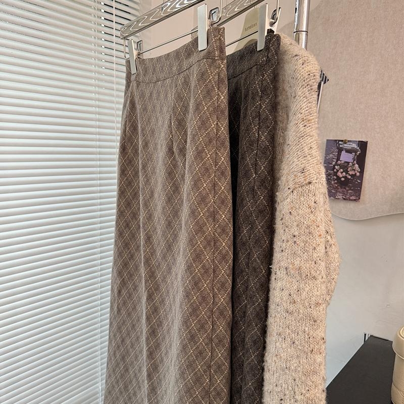 Fustă midi din lână, cu model grilă colorat, stil minimalist, amestec poliester, microelasticitate