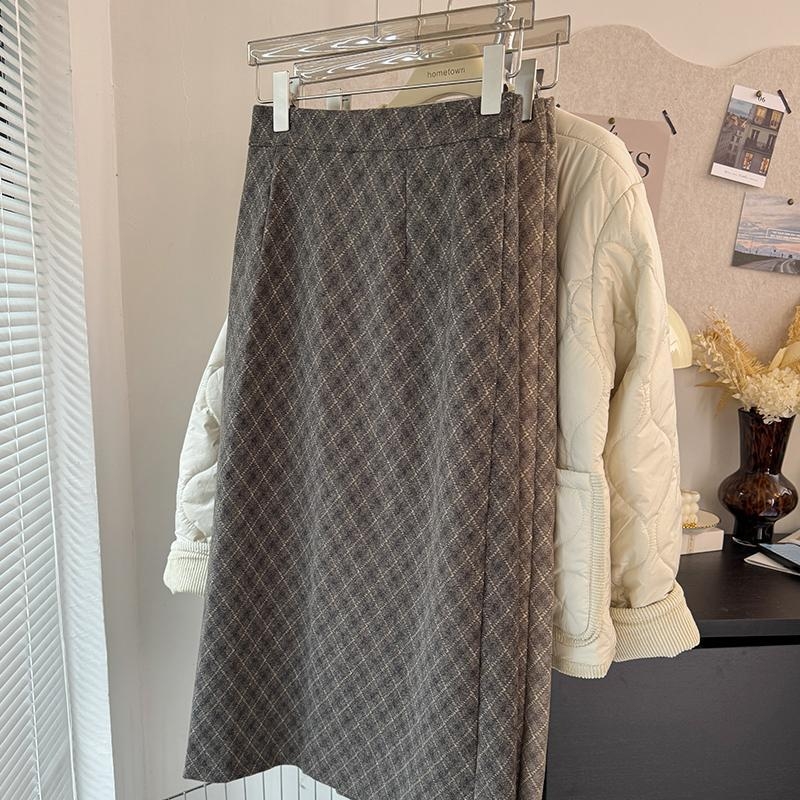 Fustă midi din lână, cu model grilă colorat, stil minimalist, amestec poliester, microelasticitate