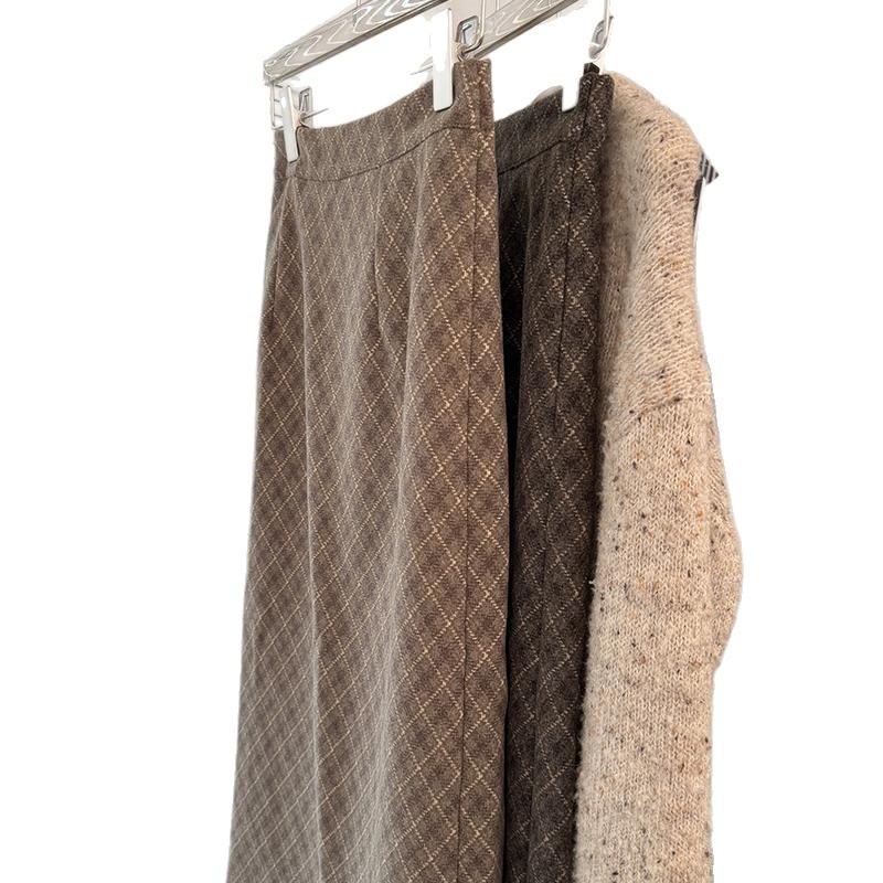 Fustă midi din lână, cu model grilă colorat, stil minimalist, amestec poliester, microelasticitate