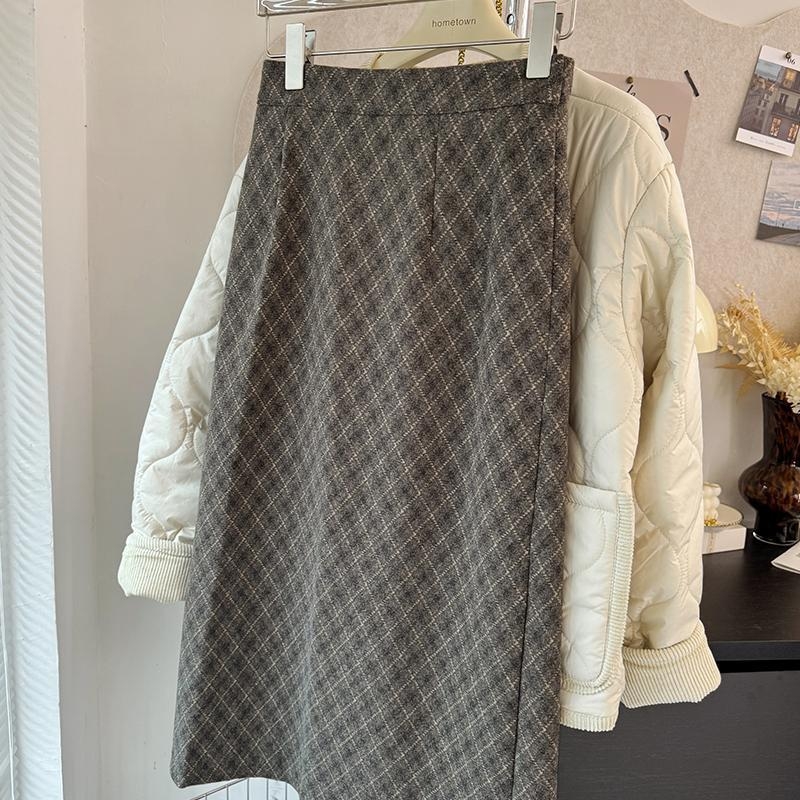 Fustă midi din lână, cu model grilă colorat, stil minimalist, amestec poliester, microelasticitate