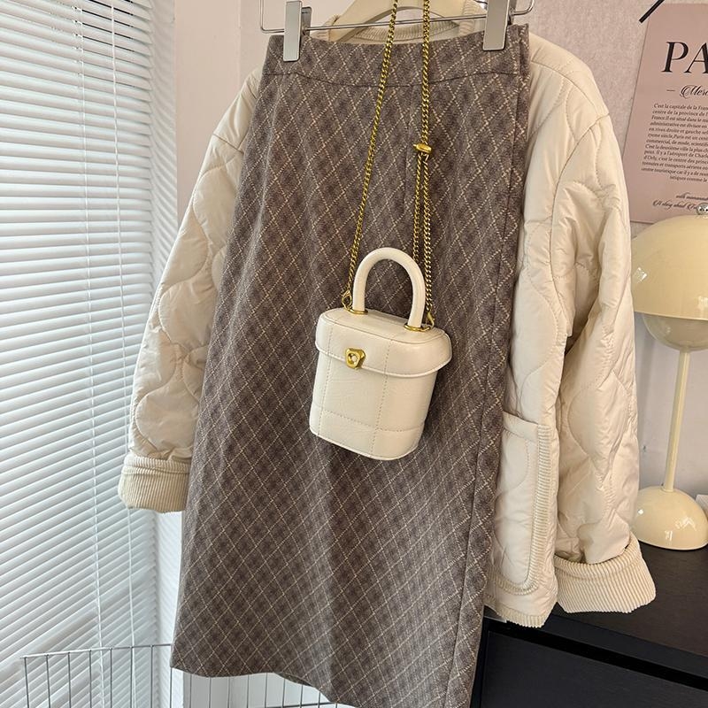 Fustă midi din lână, cu model grilă colorat, stil minimalist, amestec poliester, microelasticitate