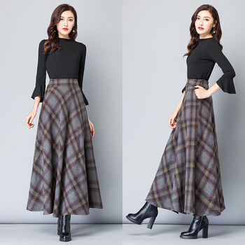 Fustă din lână cu model în carouri, talie înaltă, lungă, croială amplă