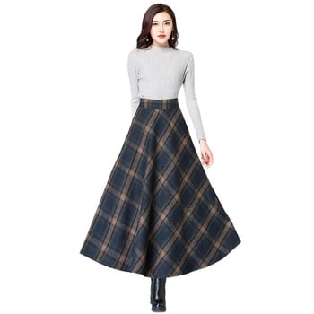 Fustă din lână cu model în carouri, talie înaltă, lungă, croială amplă