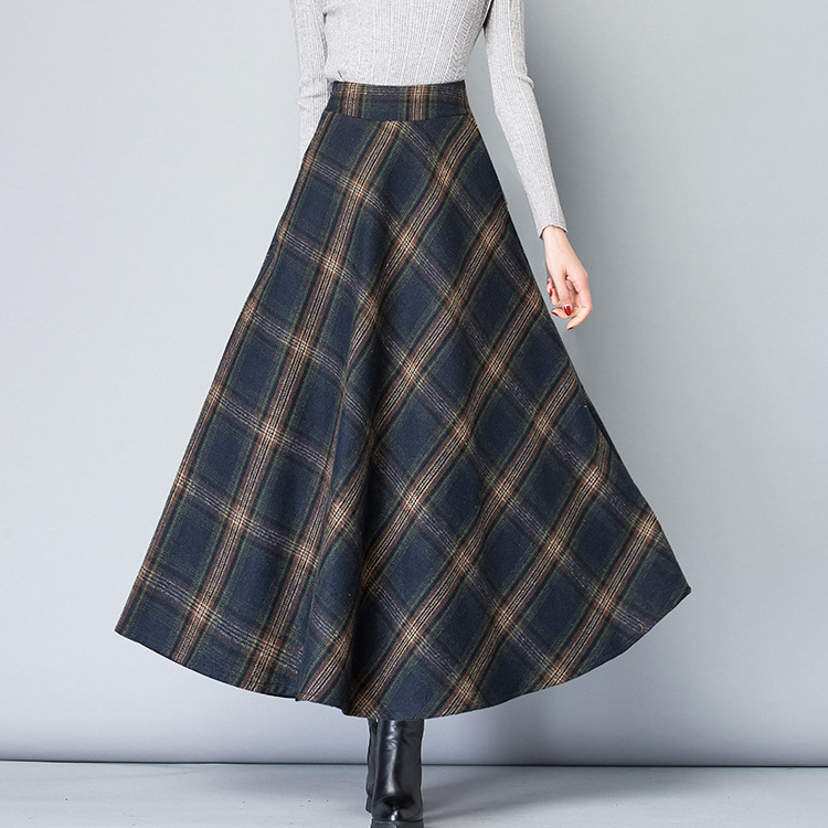 Fustă din lână cu model în carouri, talie înaltă, lungă, croială amplă