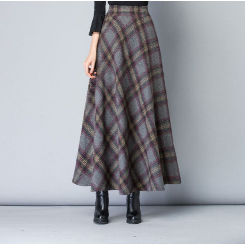 Fustă din lână cu model în carouri, talie înaltă, lungă, croială amplă