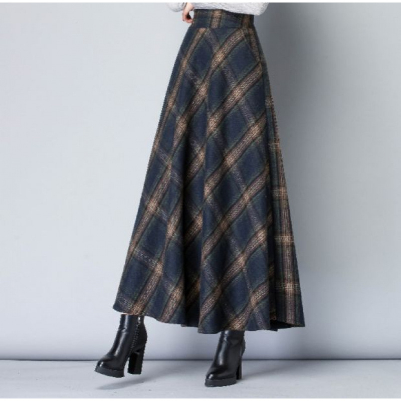 Fustă din lână cu model în carouri, talie înaltă, lungă, croială amplă