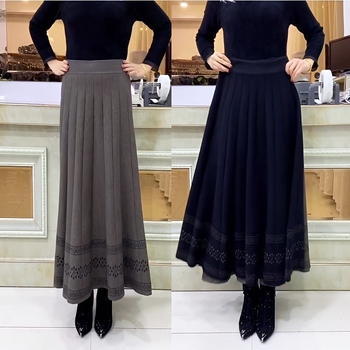 Fustă plisată din lână cașmir, lungime medie, talie înaltă, croială de iarnă groasă