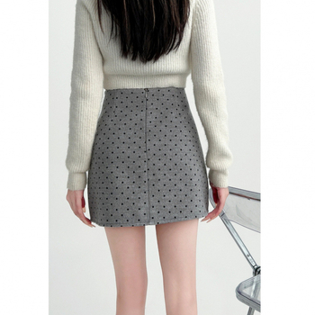 Suknja s točkicama, A-kroj, kratka, siva, za jesen-zimu, poliester