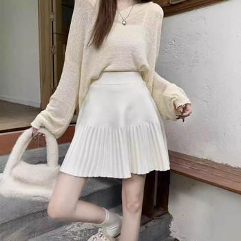 Fustă tricotată pentru femei, plisată, în linie A, mărime plus, amestec viscose-poliester, toamnă 2024