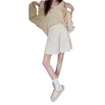 Fustă tricotată pentru femei, plisată, în linie A, mărime plus, amestec viscose-poliester, toamnă 2024