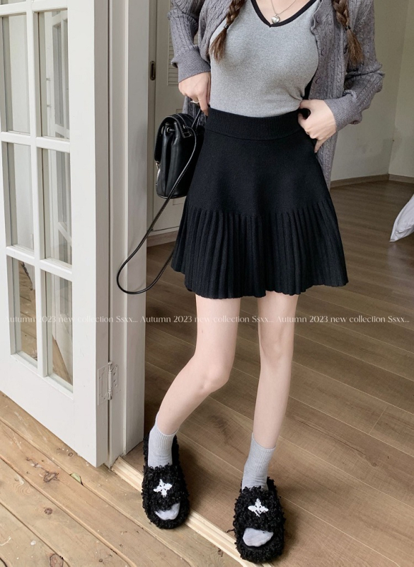 Fustă tricotată pentru femei, plisată, în linie A, mărime plus, amestec viscose-poliester, toamnă 2024