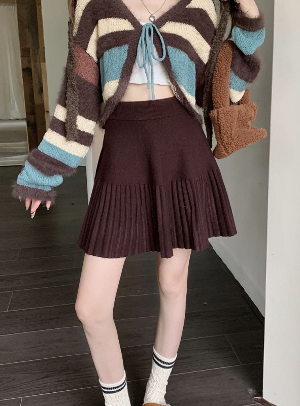 Fustă tricotată pentru femei, plisată, în linie A, mărime plus, amestec viscose-poliester, toamnă 2024