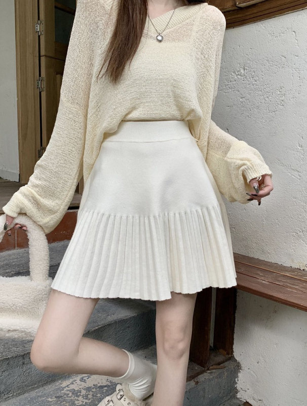 Fustă tricotată pentru femei, plisată, în linie A, mărime plus, amestec viscose-poliester, toamnă 2024