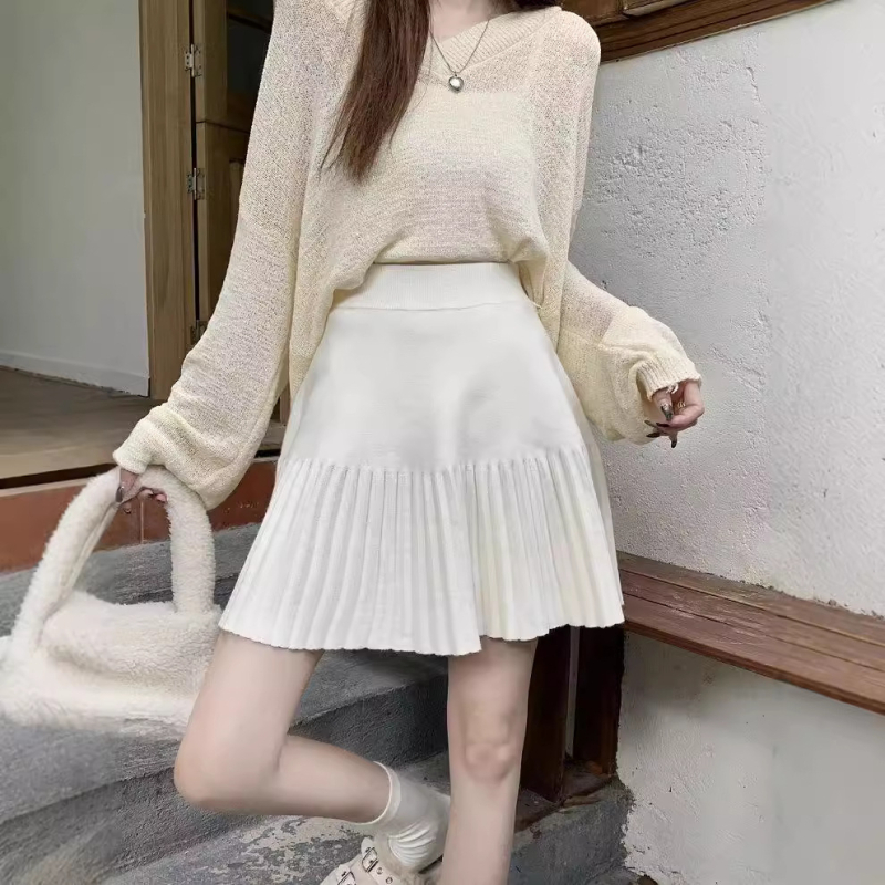 Fustă tricotată pentru femei, plisată, în linie A, mărime plus, amestec viscose-poliester, toamnă 2024