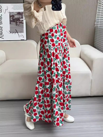 Fustă de femei în stil A-line, talie înaltă pentru subțiere, croială cu volum, model floral pe țesătură din bumbac-satin cu viscoză, lungime medie, vară 2024