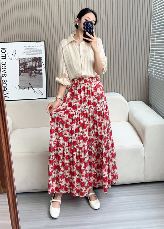 Fustă de femei în stil A-line, talie înaltă pentru subțiere, croială cu volum, model floral pe țesătură din bumbac-satin cu viscoză, lungime medie, vară 2024