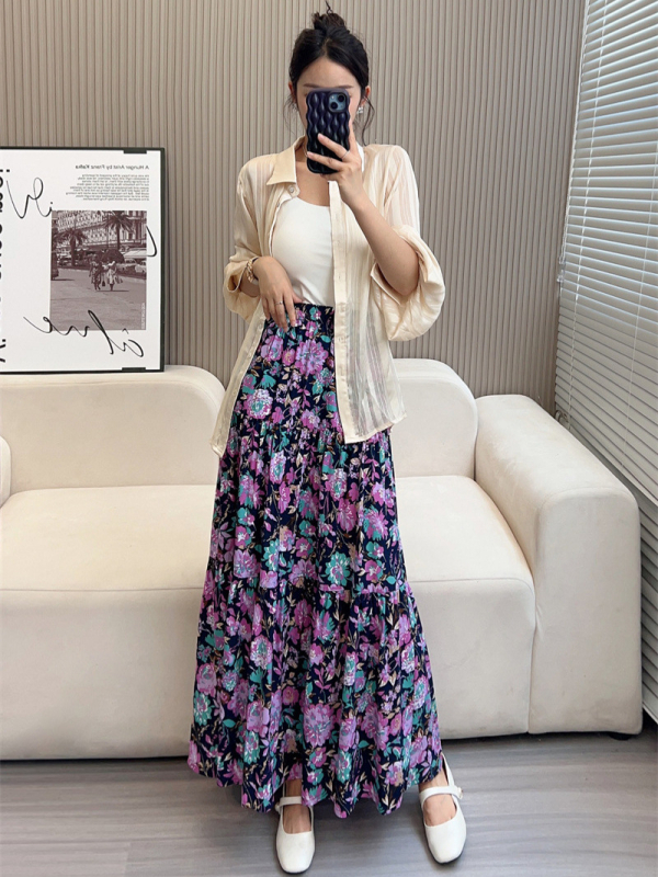 Fustă de femei în stil A-line, talie înaltă pentru subțiere, croială cu volum, model floral pe țesătură din bumbac-satin cu viscoză, lungime medie, vară 2024