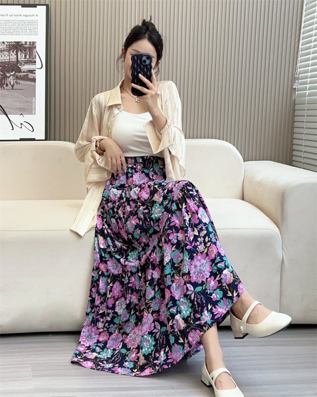 Fustă de femei în stil A-line, talie înaltă pentru subțiere, croială cu volum, model floral pe țesătură din bumbac-satin cu viscoză, lungime medie, vară 2024