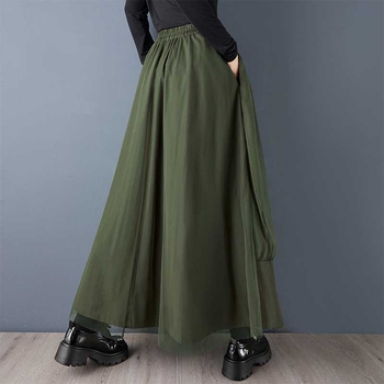 А‑линия миди пола с мрежести вложки и голям джоб – еднотонна памук-полиестер смес, 70–80% памук