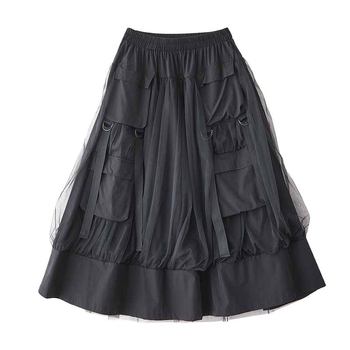 А‑линия миди пола с мрежести вложки и голям джоб – еднотонна памук-полиестер смес, 70–80% памук