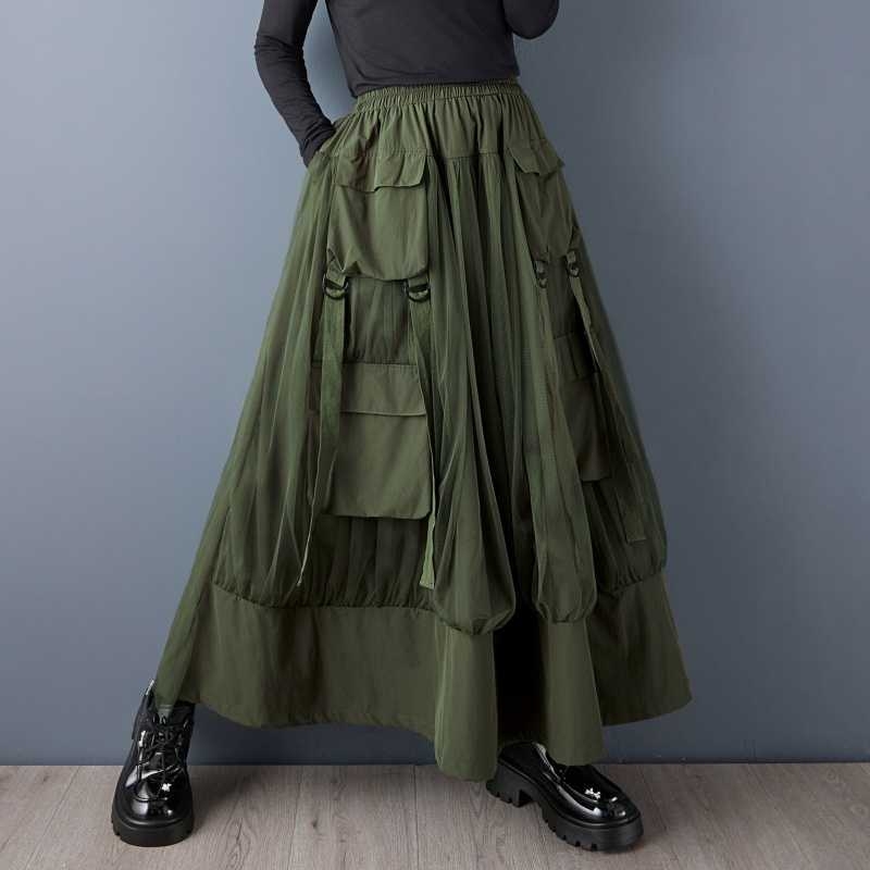 А‑линия миди пола с мрежести вложки и голям джоб – еднотонна памук-полиестер смес, 70–80% памук