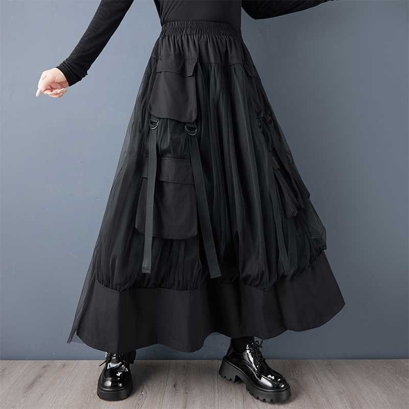 А‑линия миди пола с мрежести вложки и голям джоб – еднотонна памук-полиестер смес, 70–80% памук