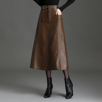 Fustă lungă din piele PU, croială tip A-line, cu microelasticitate, model solid