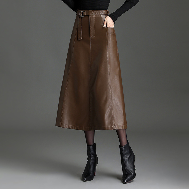 Fustă lungă din piele PU, croială tip A-line, cu microelasticitate, model solid
