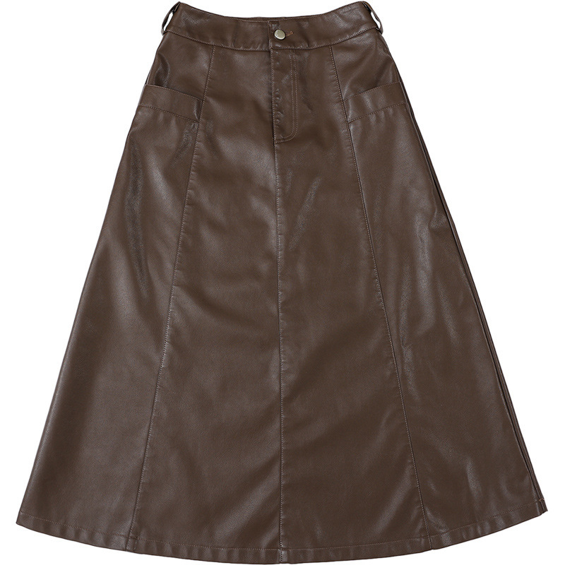 Fustă lungă din piele PU, croială tip A-line, cu microelasticitate, model solid