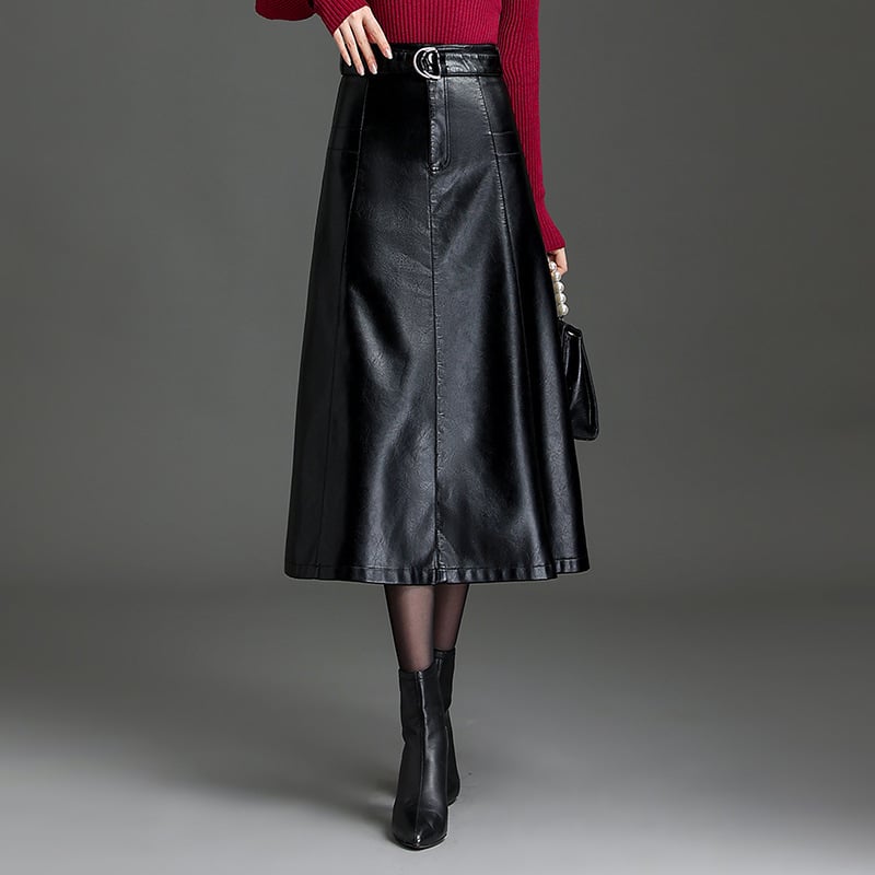 Fustă lungă din piele PU, croială tip A-line, cu microelasticitate, model solid