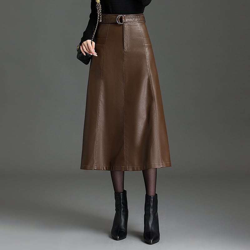 Fustă lungă din piele PU, croială tip A-line, cu microelasticitate, model solid