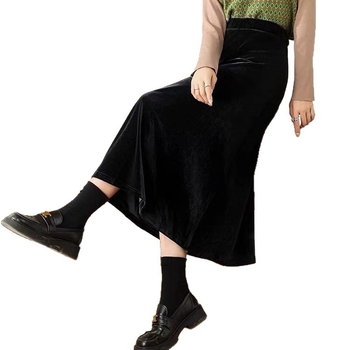 Fustă midi velur, croială A-line, culoare solidă (Model solid; Material: velur; Țesătură: poliester; Lungime: midi; Sezon: iarna 2024)