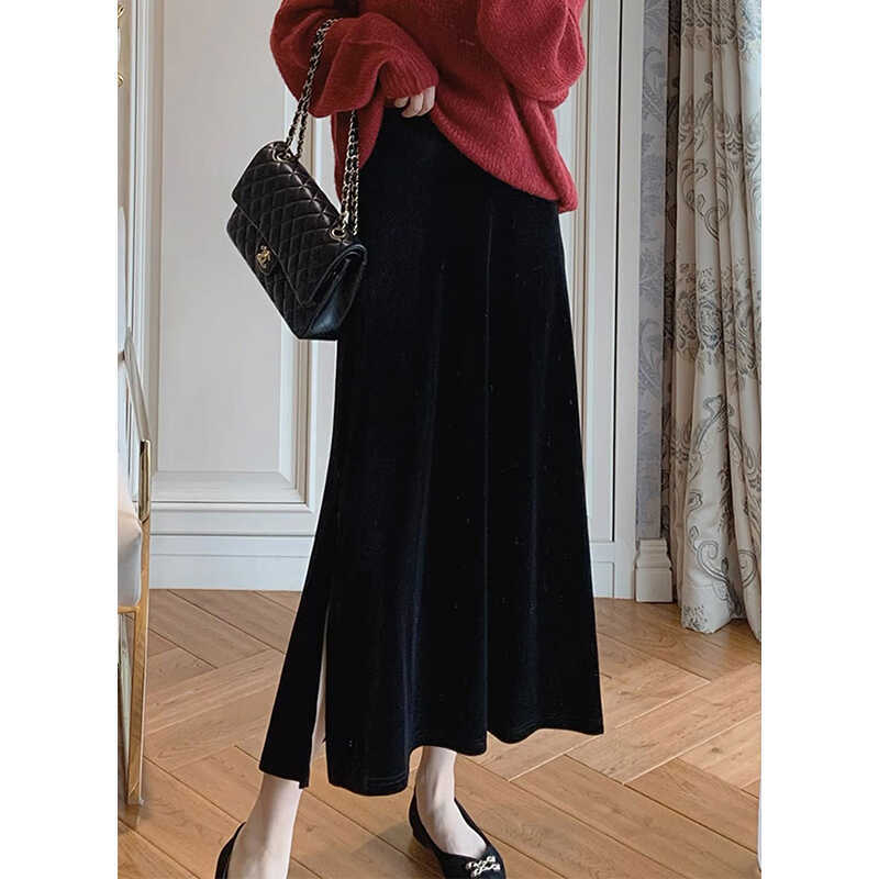 Fustă midi velur, croială A-line, culoare solidă (Model solid; Material: velur; Țesătură: poliester; Lungime: midi; Sezon: iarna 2024)