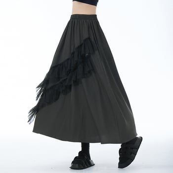 Fustă lungă în A-line cu patchwork din plasă, talie înaltă, amestec bumbac-lână, micro-elasticitate, Primăvara 2024