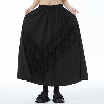 Fustă lungă în A-line cu patchwork din plasă, talie înaltă, amestec bumbac-lână, micro-elasticitate, Primăvara 2024