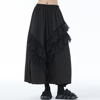 Fustă lungă în A-line cu patchwork din plasă, talie înaltă, amestec bumbac-lână, micro-elasticitate, Primăvara 2024