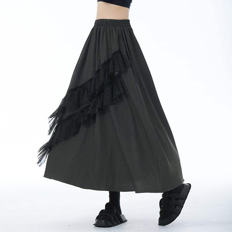 Fustă lungă în A-line cu patchwork din plasă, talie înaltă, amestec bumbac-lână, micro-elasticitate, Primăvara 2024