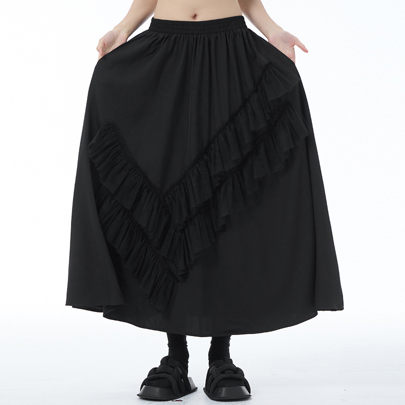 Fustă lungă în A-line cu patchwork din plasă, talie înaltă, amestec bumbac-lână, micro-elasticitate, Primăvara 2024