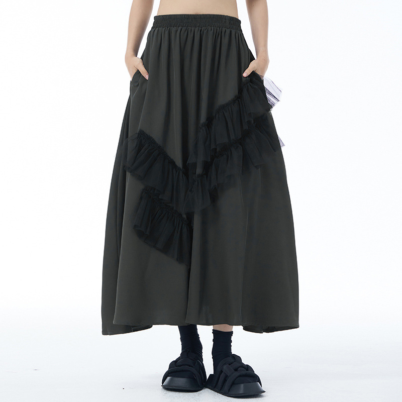 Fustă lungă în A-line cu patchwork din plasă, talie înaltă, amestec bumbac-lână, micro-elasticitate, Primăvara 2024