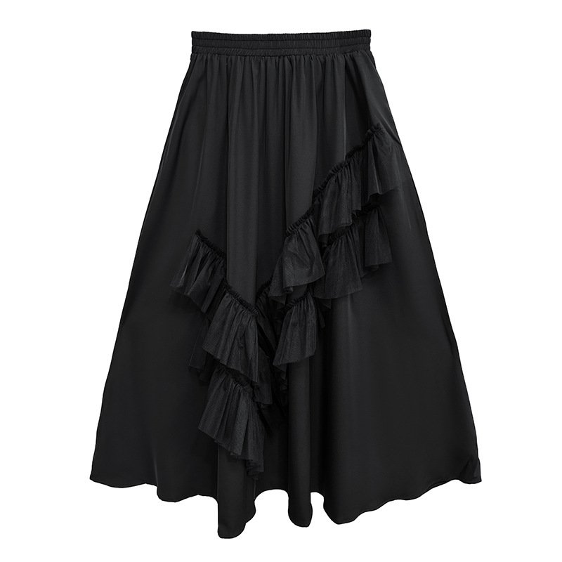 Fustă lungă în A-line cu patchwork din plasă, talie înaltă, amestec bumbac-lână, micro-elasticitate, Primăvara 2024