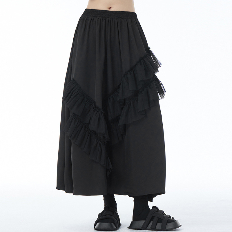 Fustă lungă în A-line cu patchwork din plasă, talie înaltă, amestec bumbac-lână, micro-elasticitate, Primăvara 2024