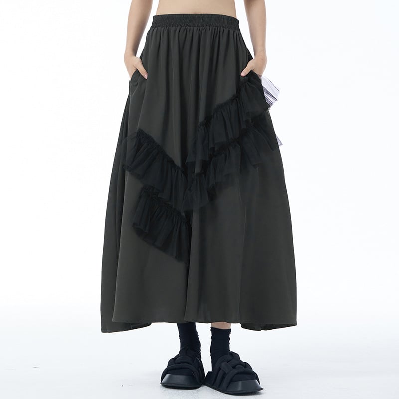 Fustă lungă în A-line cu patchwork din plasă, talie înaltă, amestec bumbac-lână, micro-elasticitate, Primăvara 2024